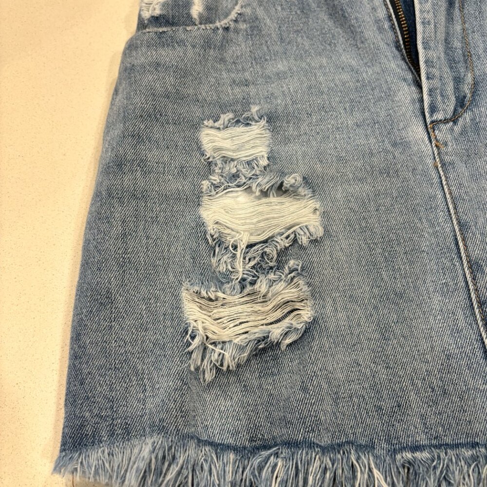 Hayden Light denim mini skirt, ruffled waist, frayed Hemline, Vintage Vibe Small - Picture 6 of 9